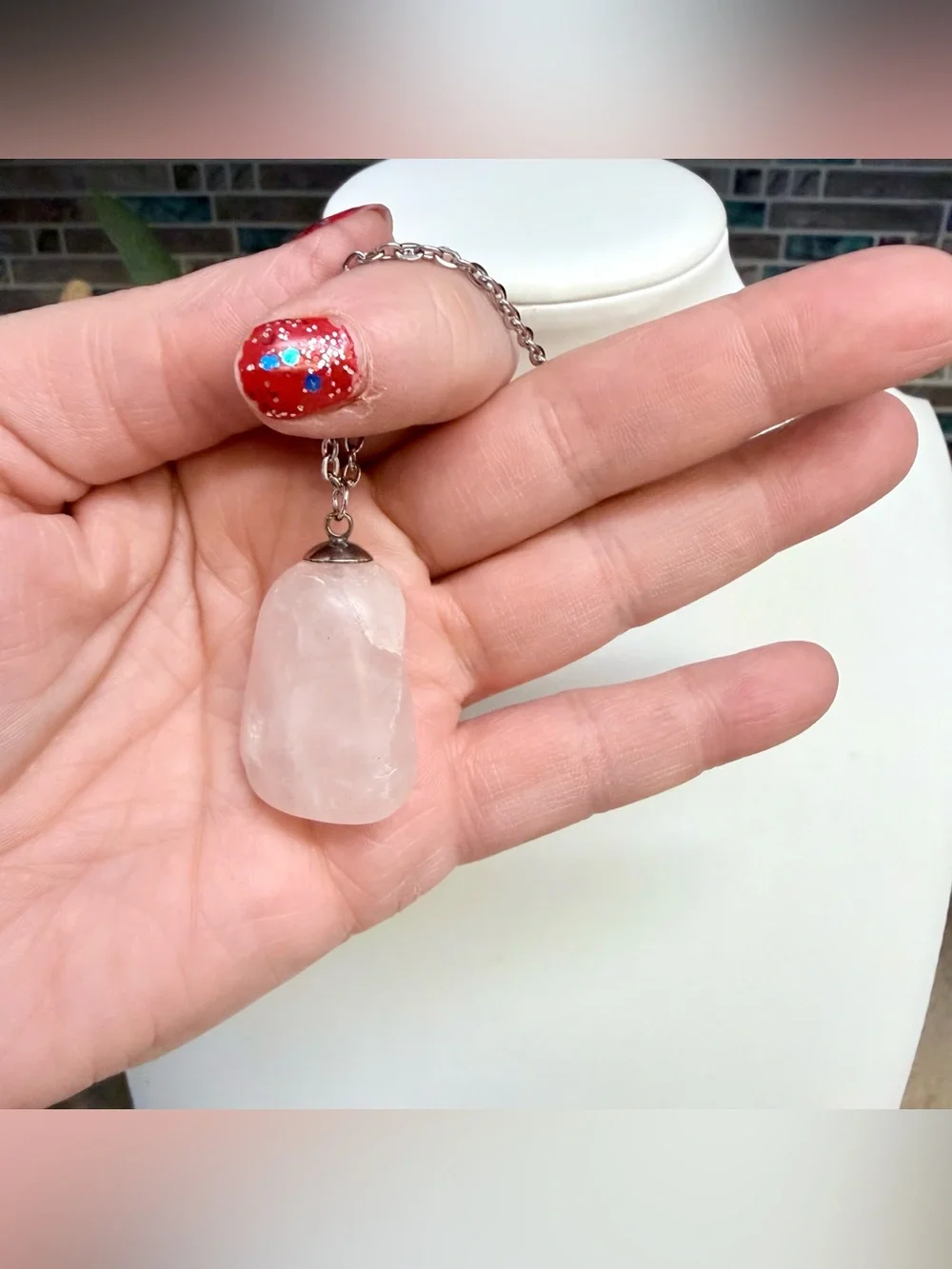 Pale pink rose quartz crystal necklace